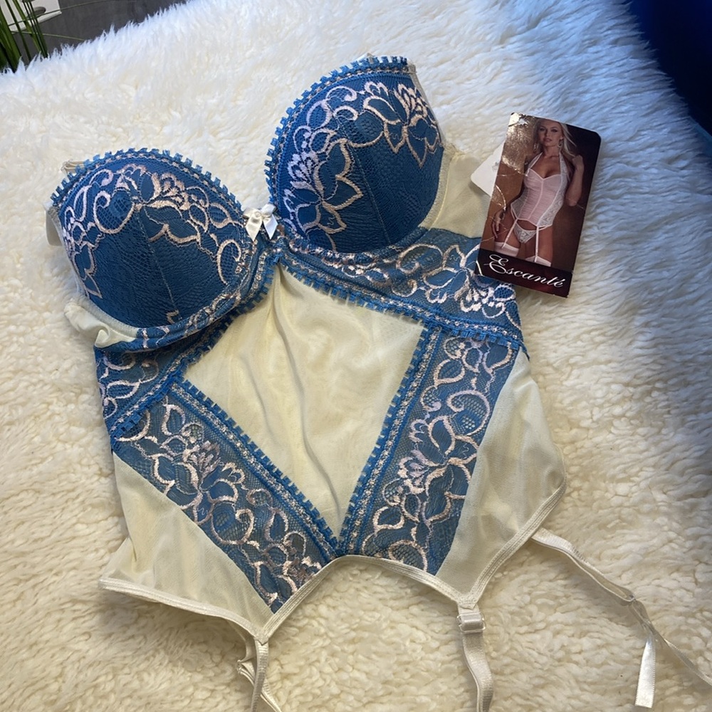 VINTAGE Escante Nylon Lace Mesh Corset with Garnets Sheer Ivory Blue Size Small
